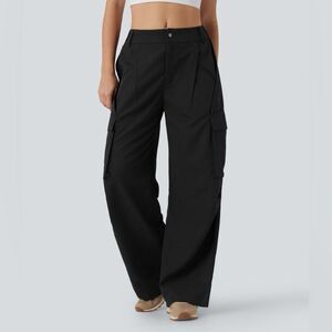 Halara Black Mid Rise Side Pocket Wide Leg Nylon Casual Cargo Pants